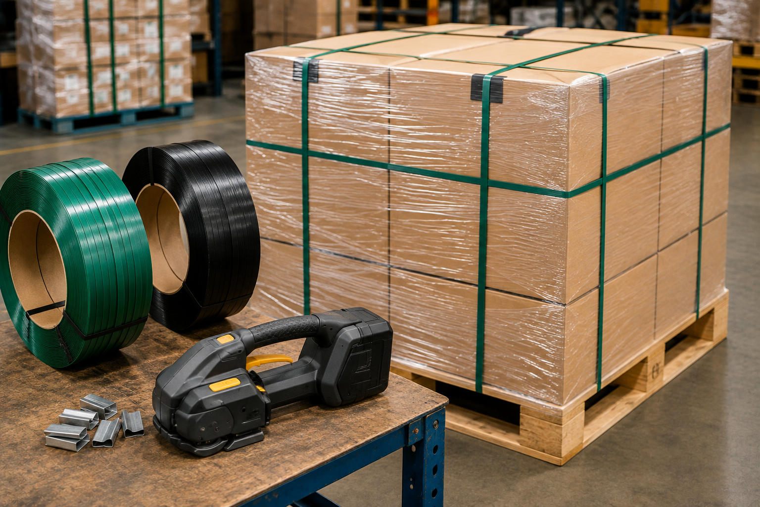 Polyester strapping securing a palletized load in a warehouse shipping operation